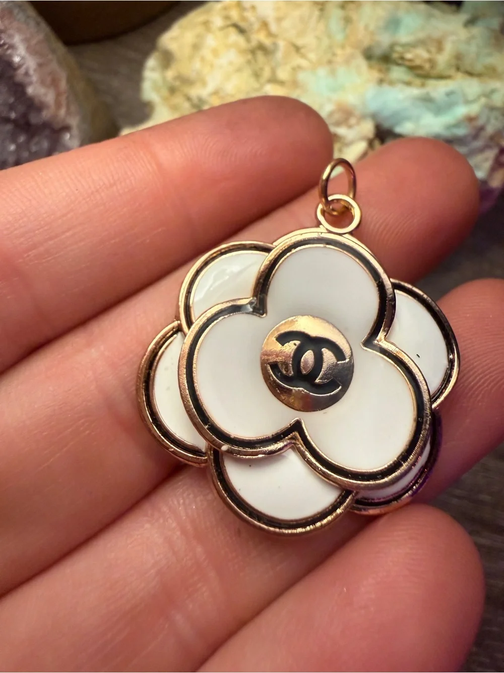 CHANEL Authentic White Enamel Camellia Flower Pendant with Gold Trim